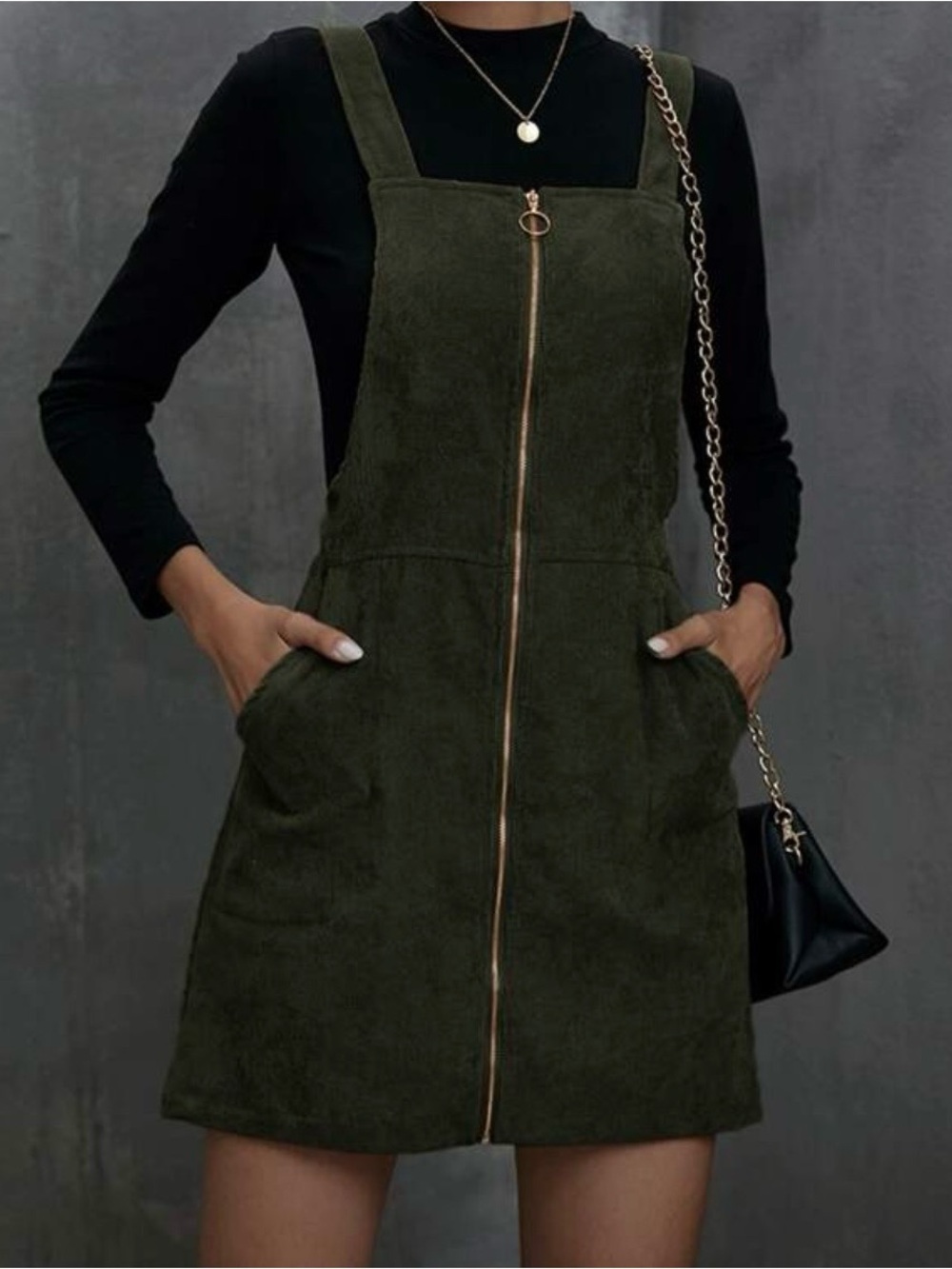 Front-Zip Olive Green Pinafore Dress
